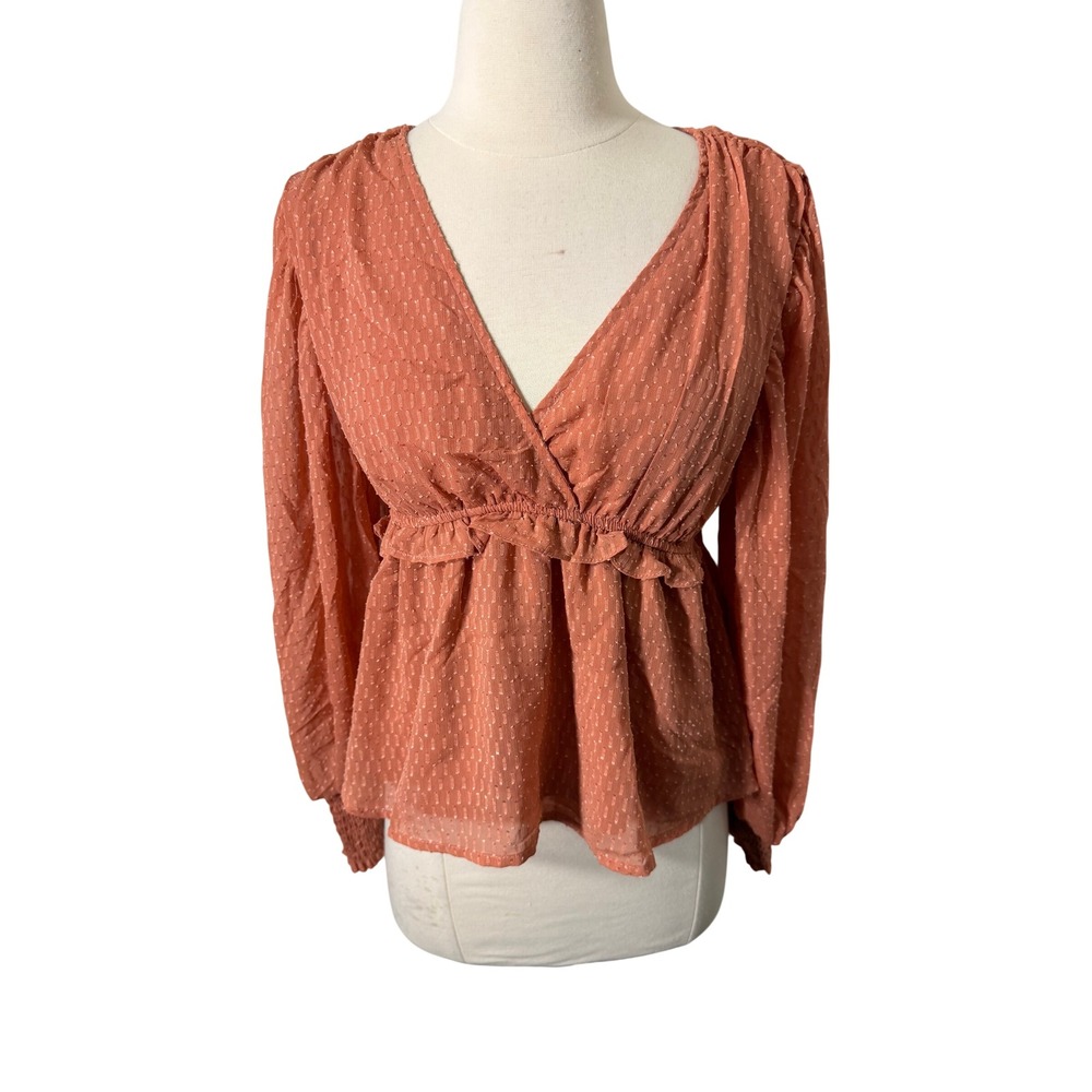 Blu Pepper Women Small Terracotta Orange Swiss Dot Long Sleeve Blouse B2FT1025